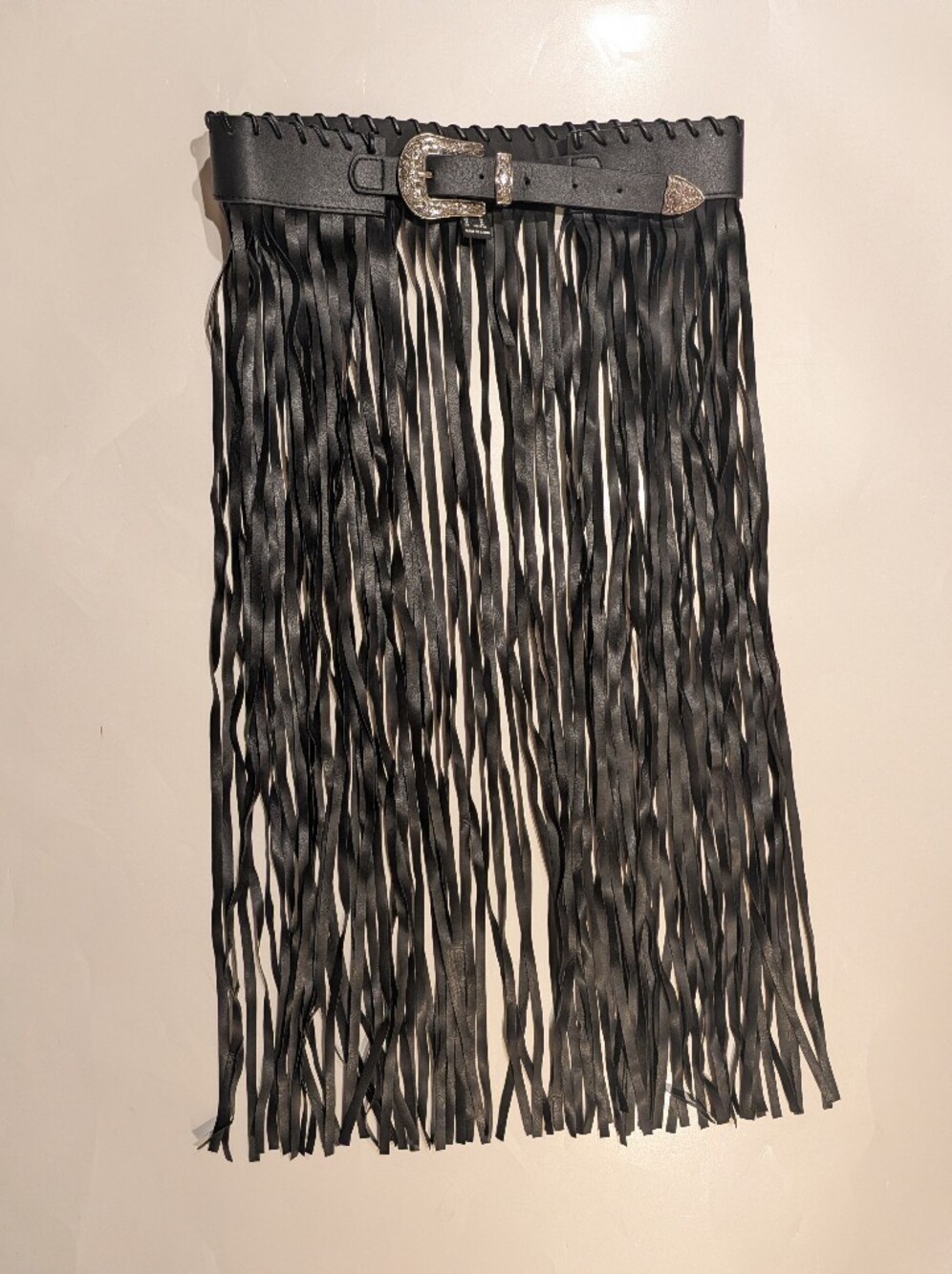 Forever 21 Faux Leather Western Fringe Skirt Belt Black Silver Buckle - M